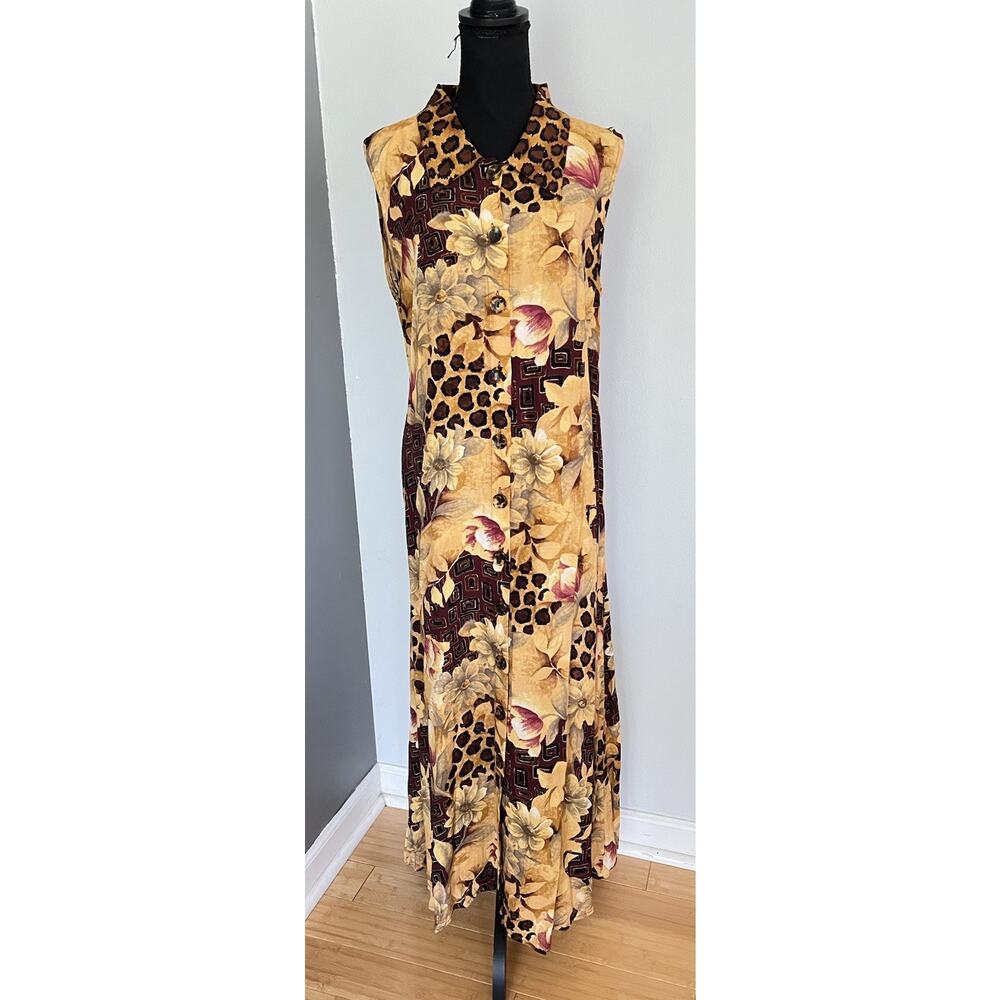 Vtg Marta Bay Dress Tropical Cruise Tortoise Shell Button Up Size Large Medium